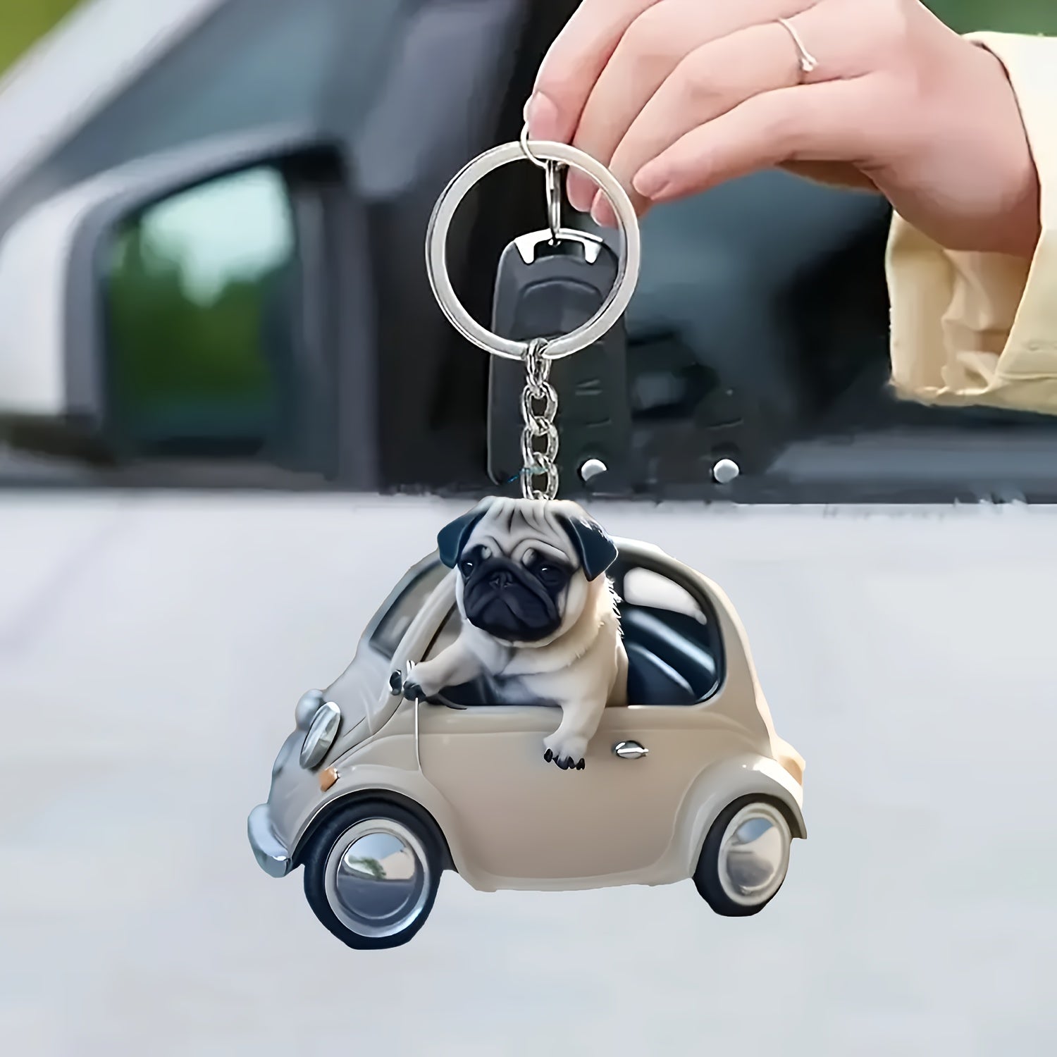 Cartoon Pug Driving Car Keychain - Acrylic Key Ring with Ring Buckle, Cute Dog Key Fob Charm for Bags, Single Piece, Decorative Keychain Accessory, Ideal for Birthday Gifts and Party Favors, Christmas Festival Theme