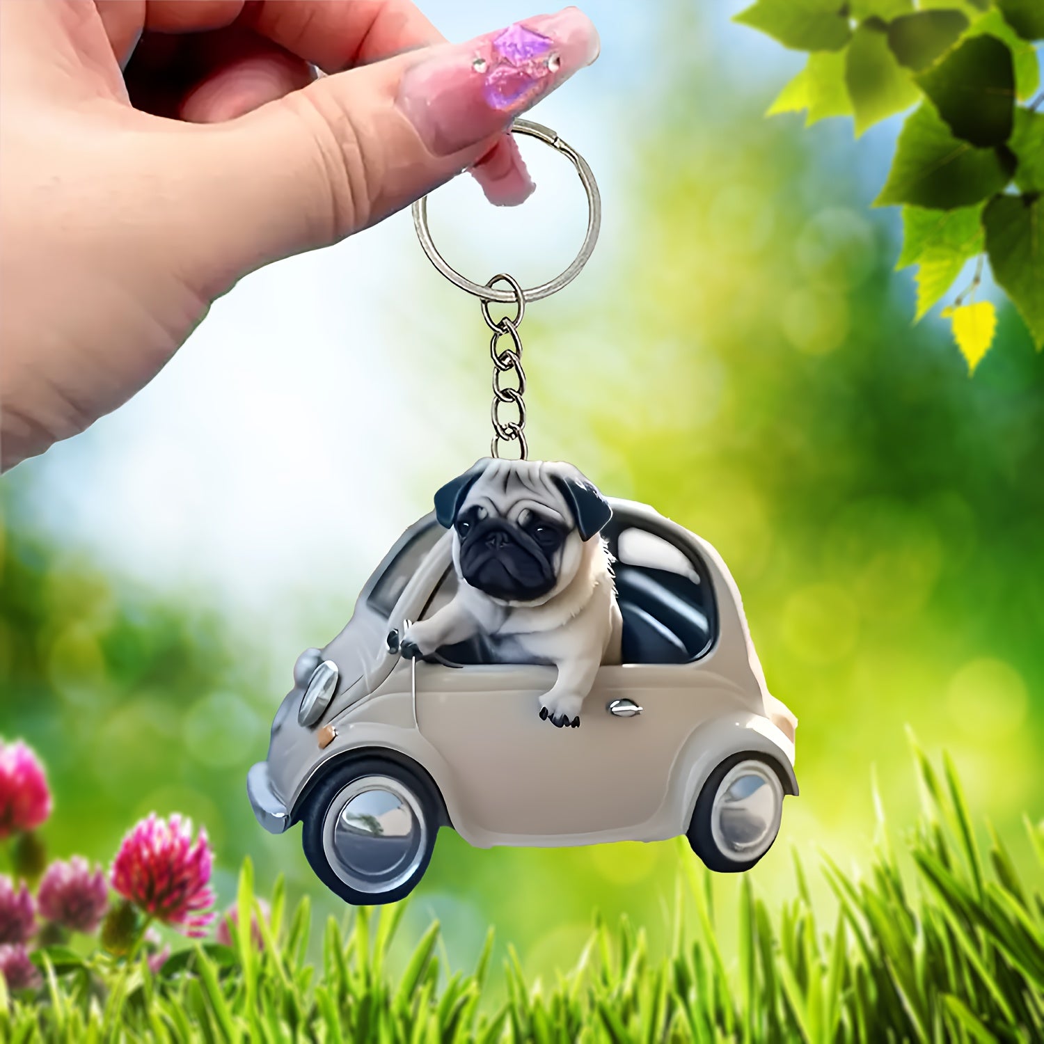 Cartoon Pug Driving Car Keychain - Acrylic Key Ring with Ring Buckle, Cute Dog Key Fob Charm for Bags, Single Piece, Decorative Keychain Accessory, Ideal for Birthday Gifts and Party Favors, Christmas Festival Theme