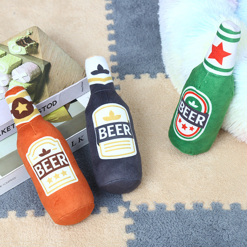 Squeaky Dog Plush Toy - Beer Bottle Shape - Bite-Resistant - Cleans Teeth - Fun For Pets