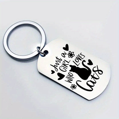 A   Who Loves Cats Keychain Cute Stainless Steel Key Chain Ring Purse Bag Backpack Charm Birthday Christmas Gift for Women Girls Cat Mom Mother