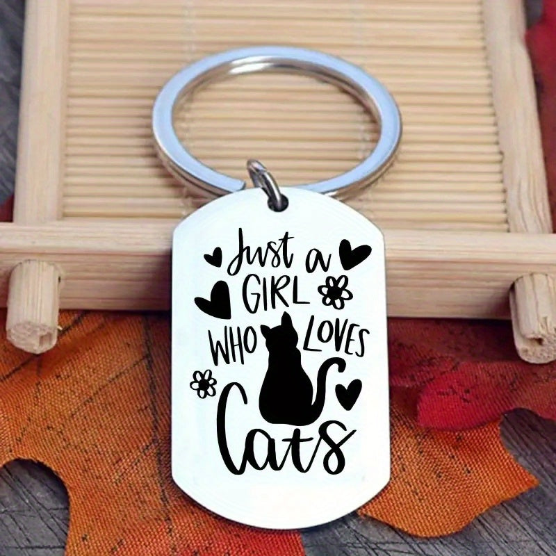 A   Who Loves Cats Keychain Cute Stainless Steel Key Chain Ring Purse Bag Backpack Charm Birthday Christmas Gift for Women Girls Cat Mom Mother