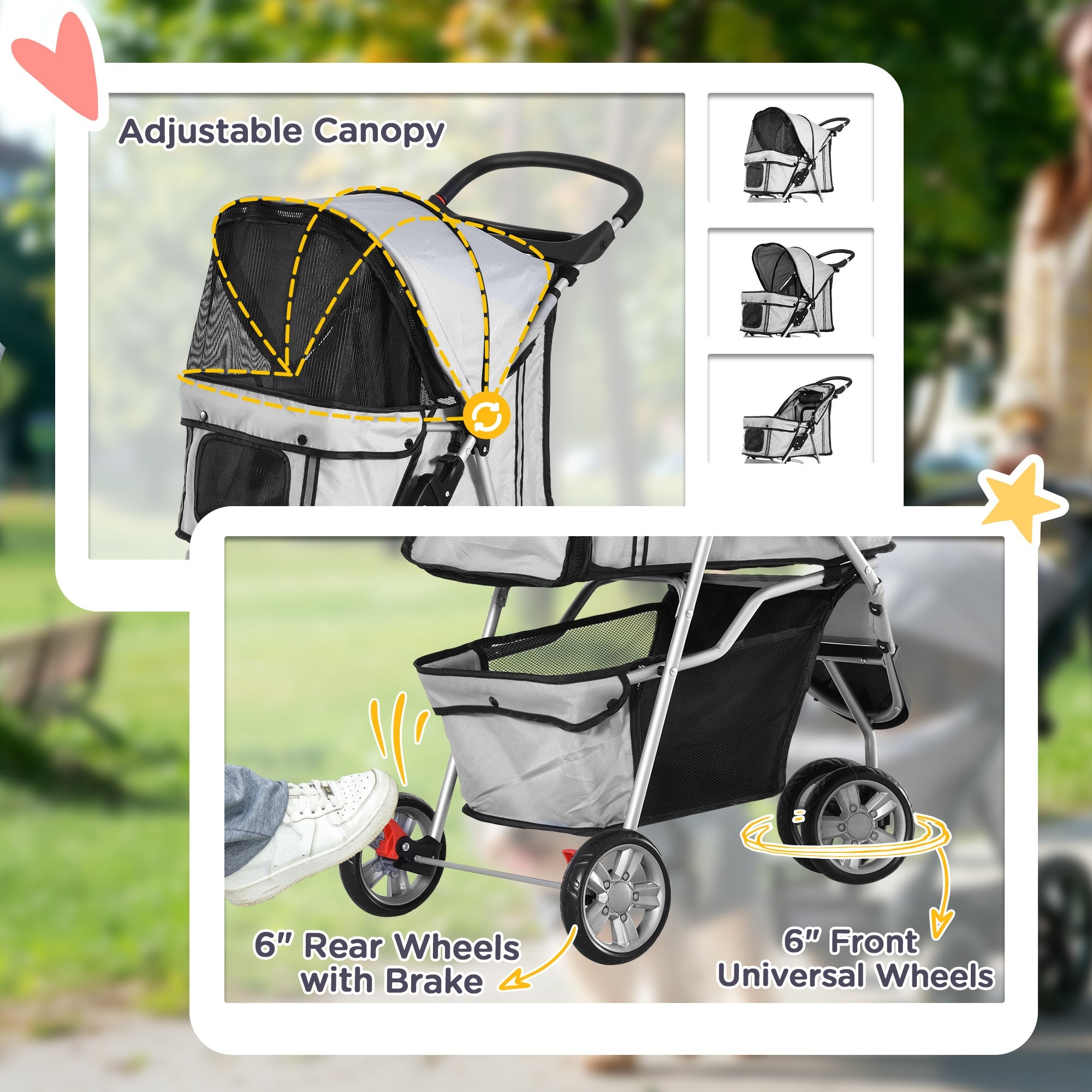 Pet Travel Stroller Cat Dog Pushchair Trolley Puppy Jogger Carrier 3 Wheels for Small Miniature Dogs (Grey)