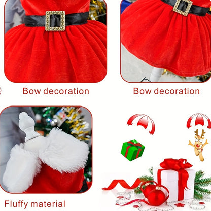 Festive Red Velvet Christmas Dog Dress with Belt - Cozy Winter Pet Apparel for Small to Medium Breeds