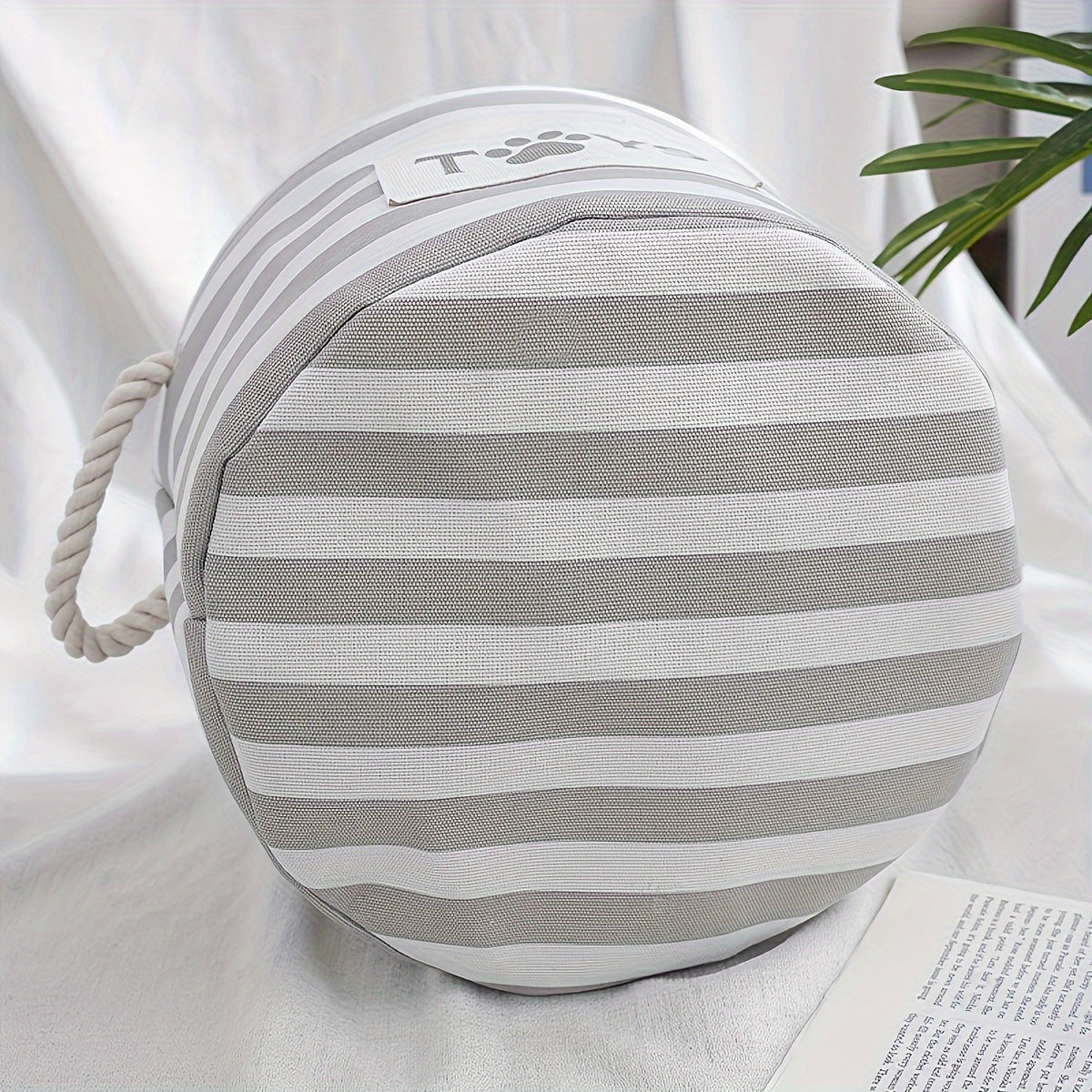 1pc Foldable Striped Pet Toy Basket, Dog Toy Storage Box With Woven Rope Handle, Pet Storage Bin For Dog Toys And Accessories