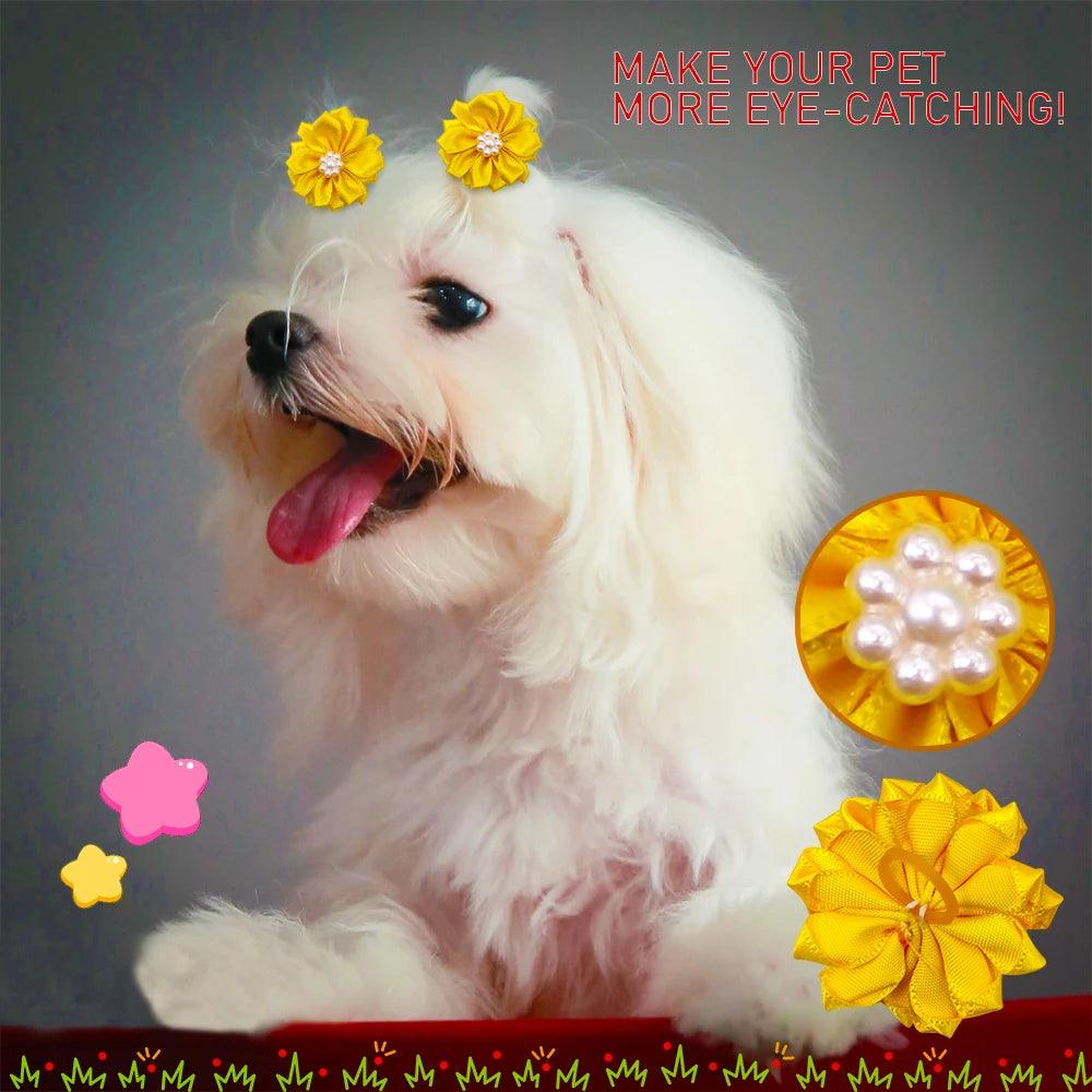 50/100pcs Pet Dog Hair Bows with Rubber Bands - Pearl Flower Accessories - Paws &amp; Purrfections