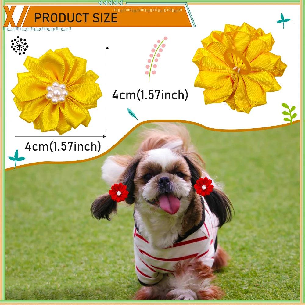 50/100pcs Pet Dog Hair Bows with Rubber Bands - Pearl Flower Accessories - Paws &amp; Purrfections