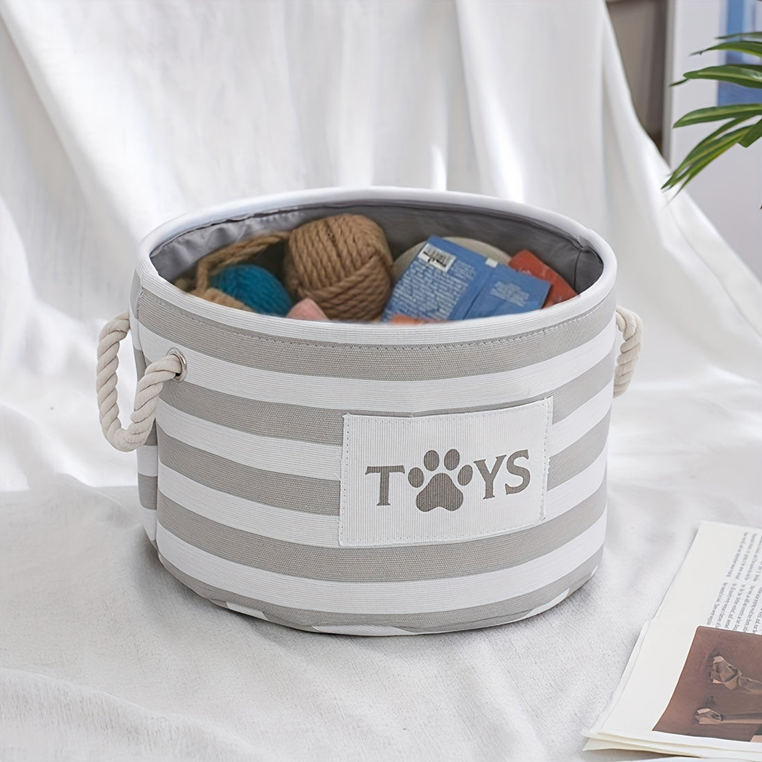 1pc Foldable Striped Pet Toy Basket, Dog Toy Storage Box With Woven Rope Handle, Pet Storage Bin For Dog Toys And Accessories