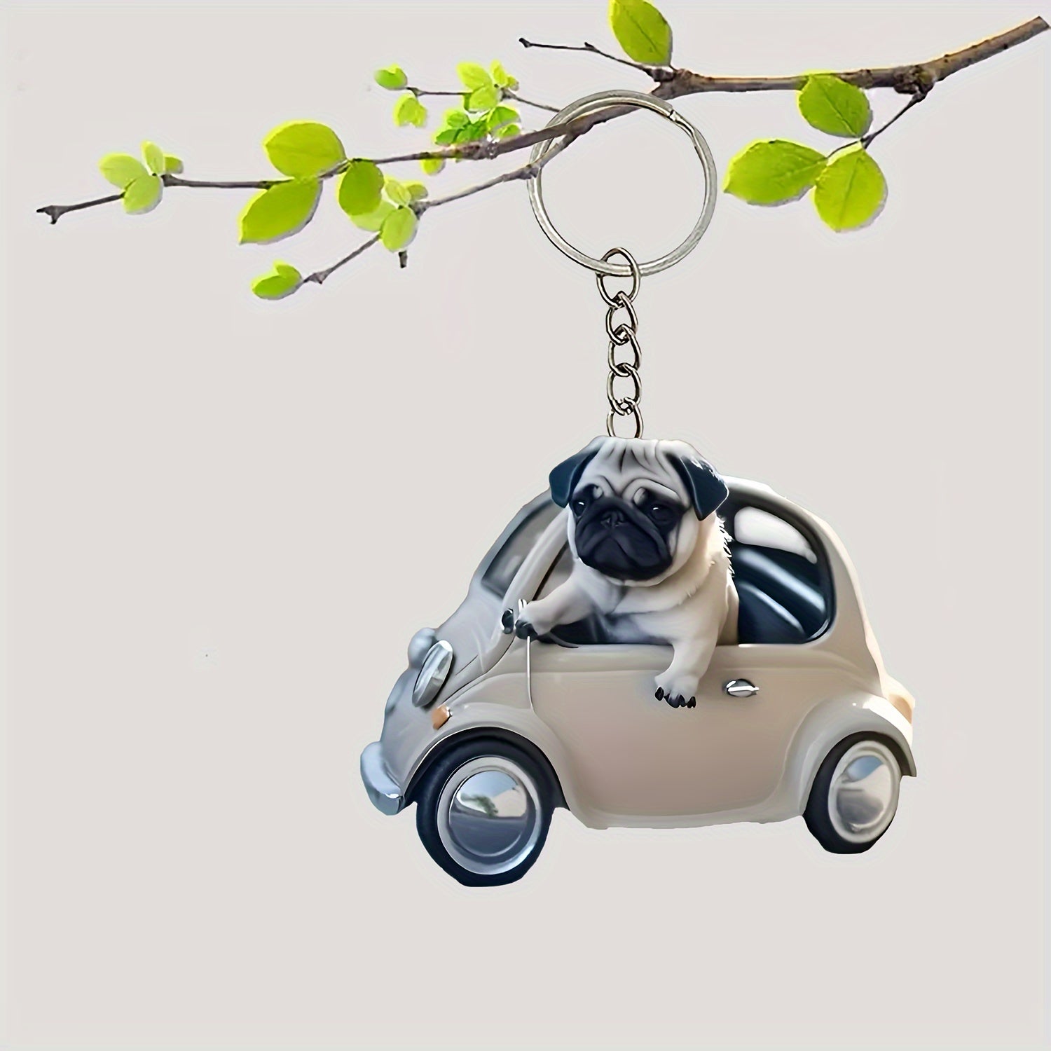 Cartoon Pug Driving Car Keychain - Acrylic Key Ring with Ring Buckle, Cute Dog Key Fob Charm for Bags, Single Piece, Decorative Keychain Accessory, Ideal for Birthday Gifts and Party Favors, Christmas Festival Theme