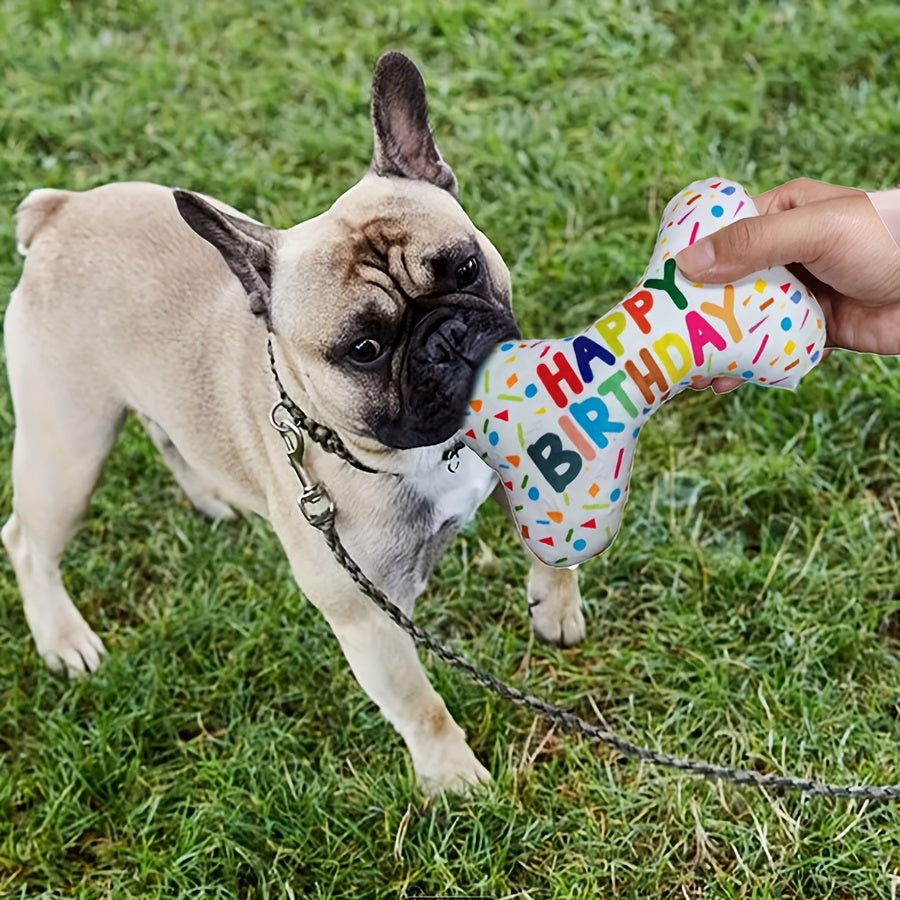 Squeaky Birthday Bone-Shaped Plush Dog Toy - Durable Chew and Interactive Play for All Breeds Dog Toys for Aggressive Chewers