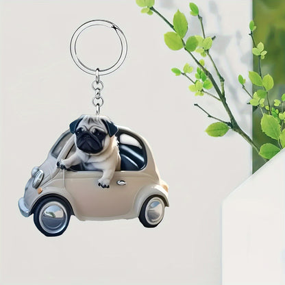 Cartoon Pug Driving Car Keychain - Acrylic Key Ring with Ring Buckle, Cute Dog Key Fob Charm for Bags, Single Piece, Decorative Keychain Accessory, Ideal for Birthday Gifts and Party Favors, Christmas Festival Theme