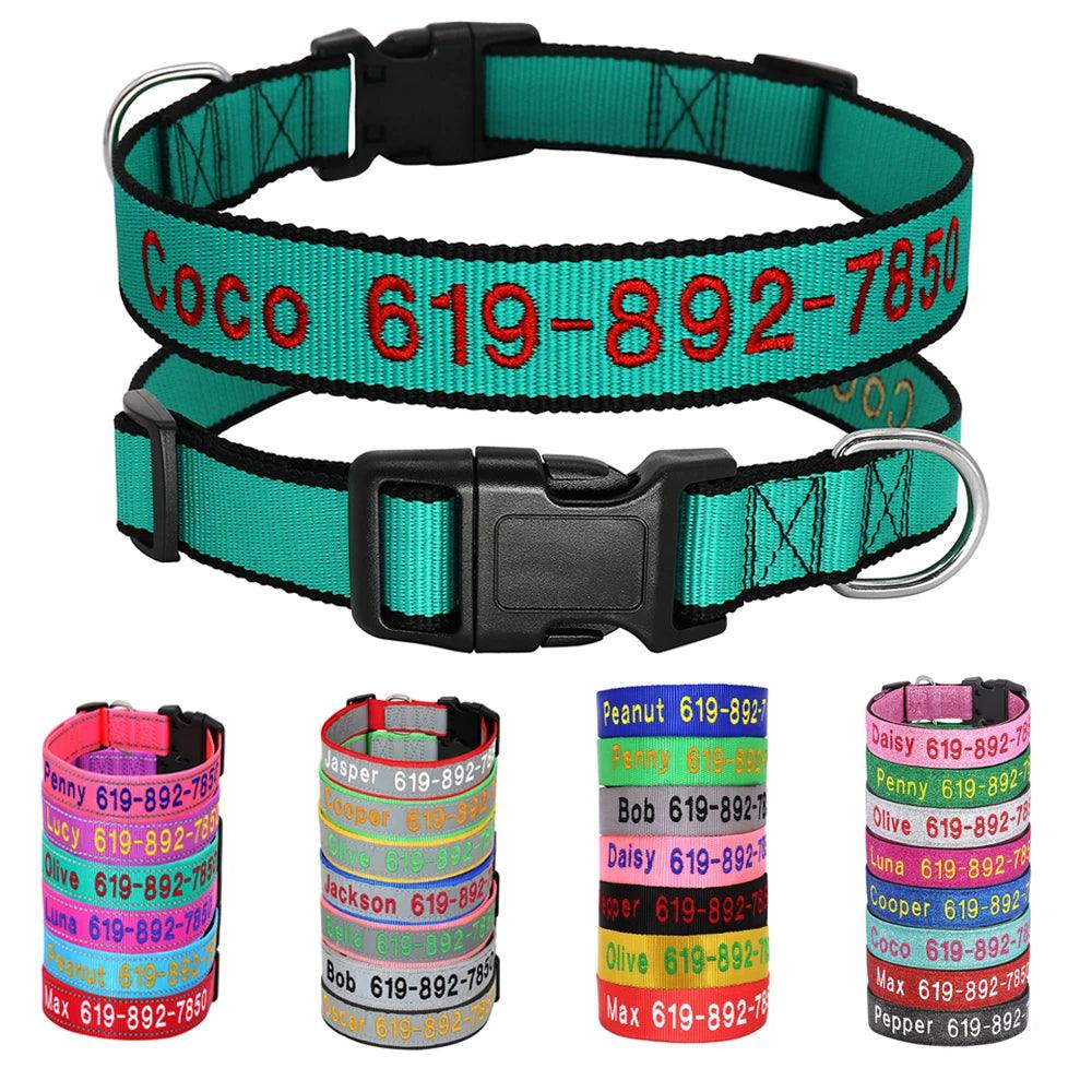 Adjustable Nylon Embroidered Dog Collar - Custom ID Name for Small to Large Dogs - Paws &amp; Purrfections