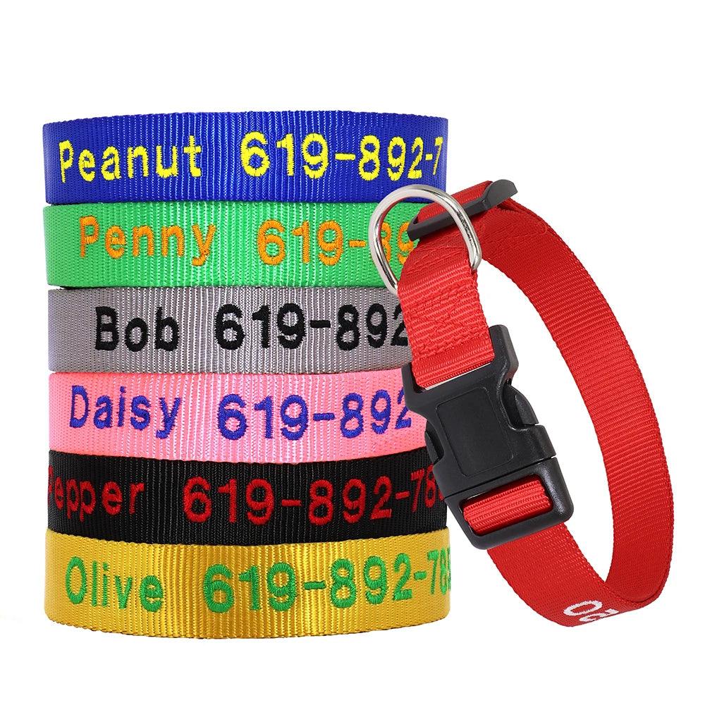 Adjustable Nylon Embroidered Dog Collar - Custom ID Name for Small to Large Dogs - Paws &amp; Purrfections