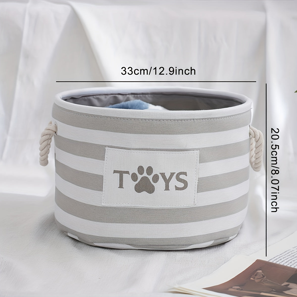 1pc Foldable Striped Pet Toy Basket, Dog Toy Storage Box With Woven Rope Handle, Pet Storage Bin For Dog Toys And Accessories