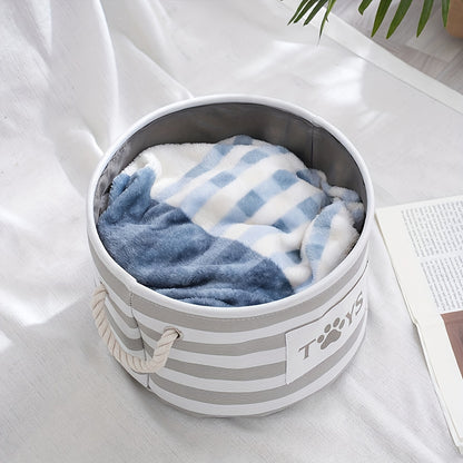 1pc Foldable Striped Pet Toy Basket, Dog Toy Storage Box With Woven Rope Handle, Pet Storage Bin For Dog Toys And Accessories