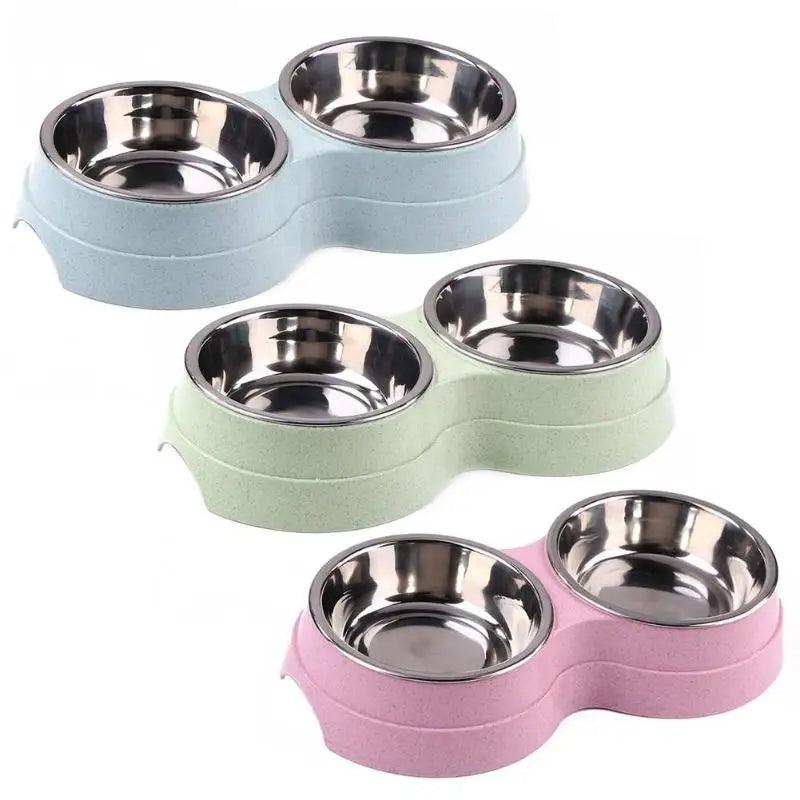 Dog Double Bowl Puppy Food Water Feeder Cute Stainless Steel Pets Drinking Dish Feeder Pets Supplies Feeding Dishes Dogs Bowl - Paws &amp; Purrfections