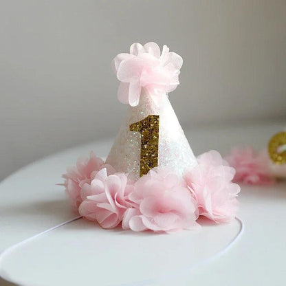 Girl Pink Flower Chic 1st Birthday Hat White Glitter Party Hat 1 2 3 years old Headband Cake Smash Party Cap Pets Birthday Hats - Paws &amp; Purrfections