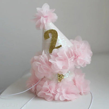 Girl Pink Flower Chic 1st Birthday Hat White Glitter Party Hat 1 2 3 years old Headband Cake Smash Party Cap Pets Birthday Hats - Paws &amp; Purrfections