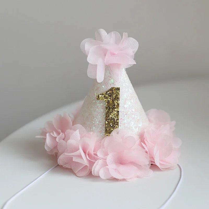 Girl Pink Flower Chic 1st Birthday Hat White Glitter Party Hat 1 2 3 years old Headband Cake Smash Party Cap Pets Birthday Hats - Paws &amp; Purrfections