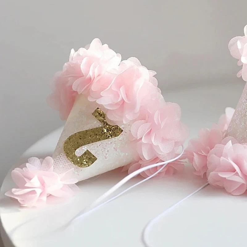 Girl Pink Flower Chic 1st Birthday Hat White Glitter Party Hat 1 2 3 years old Headband Cake Smash Party Cap Pets Birthday Hats - Paws &amp; Purrfections