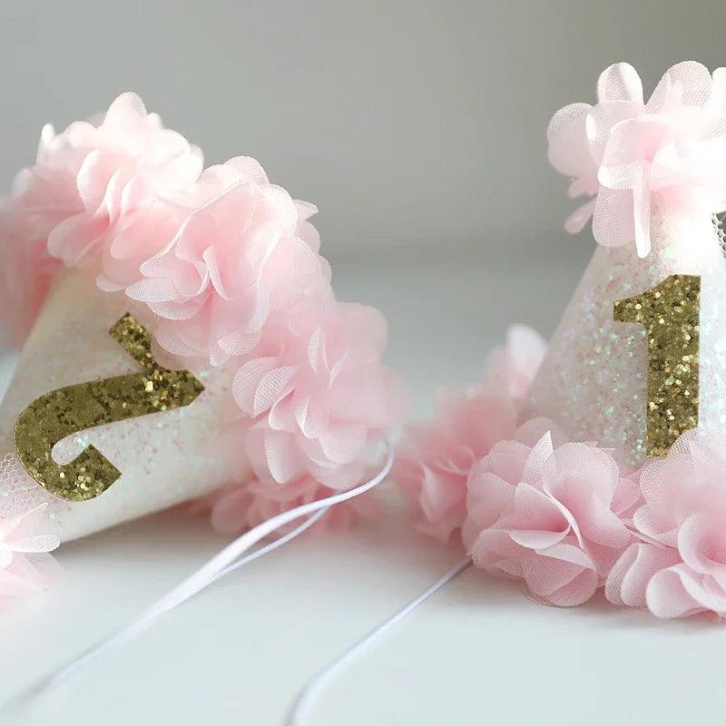 Girl Pink Flower Chic 1st Birthday Hat White Glitter Party Hat 1 2 3 years old Headband Cake Smash Party Cap Pets Birthday Hats - Paws &amp; Purrfections