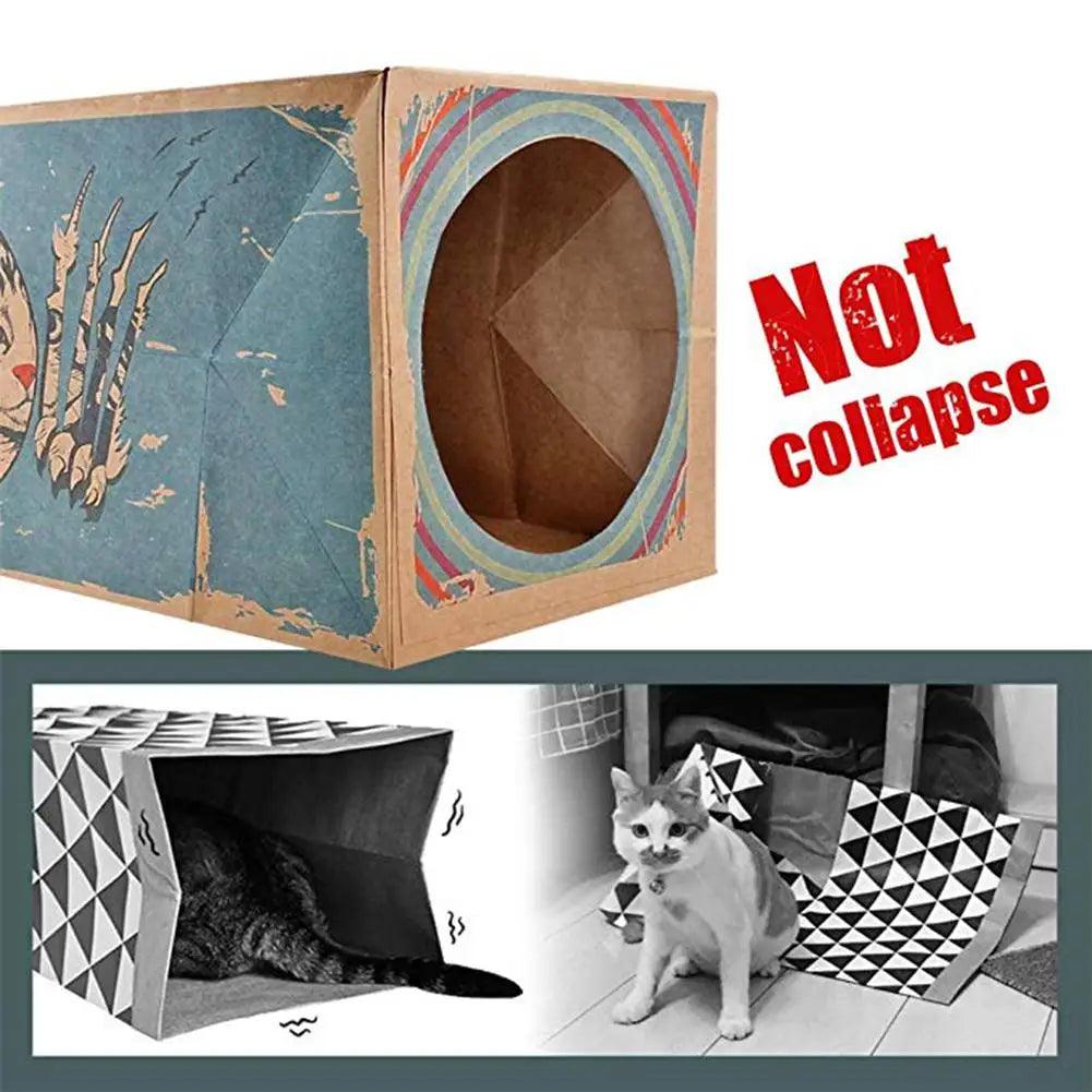 Pet Cat Toy Foldable Kraft Paper Box House Dual Way Tunnel Funny Print Cat House Toy Accessories Pets Supplies Dog Tunnel Tube - Paws &amp; Purrfections