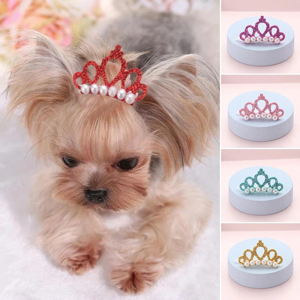 Pet Small Dogs Cat Faux Pearl Crown Shape Bows Hair Clips Head Decoration For Pets Puppy Hairpins Decor Grooming Accessoires - Paws &amp; Purrfections