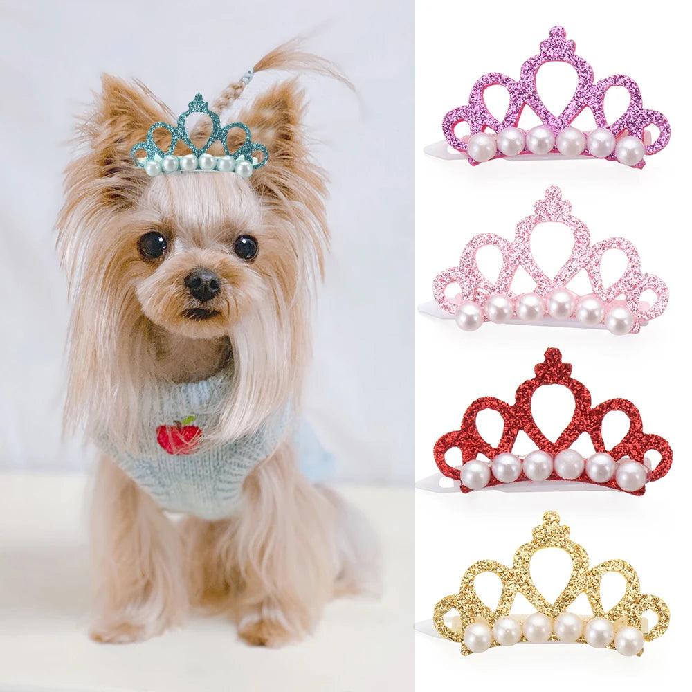 Pet Small Dogs Cat Faux Pearl Crown Shape Bows Hair Clips Head Decoration For Pets Puppy Hairpins Decor Grooming Accessoires - Paws &amp; Purrfections