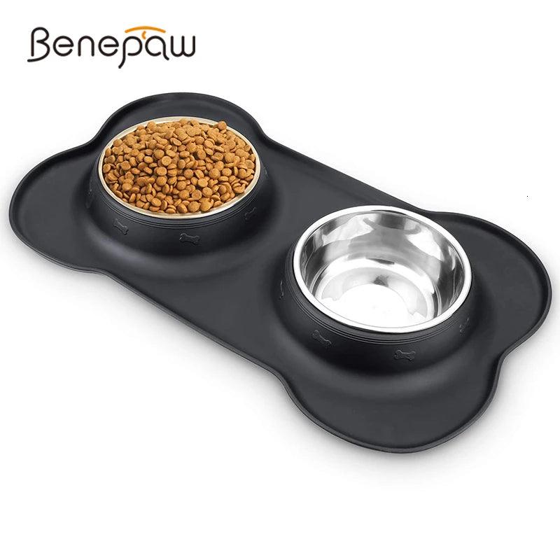 Stainless Steel Double Pet Bowl With Non-Skid Silicone Mat - Paws &amp; Purrfections