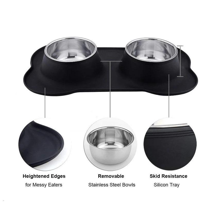 Stainless Steel Double Pet Bowl With Non-Skid Silicone Mat - Paws &amp; Purrfections