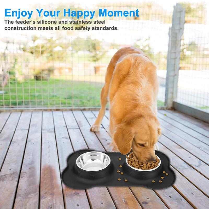 Stainless Steel Double Pet Bowl With Non-Skid Silicone Mat - Paws &amp; Purrfections